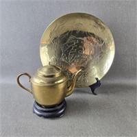 Chinese Brass Dragon Bowl w/a Brass Teapot