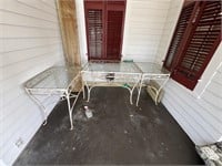 THREE IRON PATIO TABLES WITH GLASS TOPS