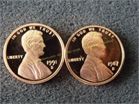Proof 1991 S and 1987 S Lincon Pennies