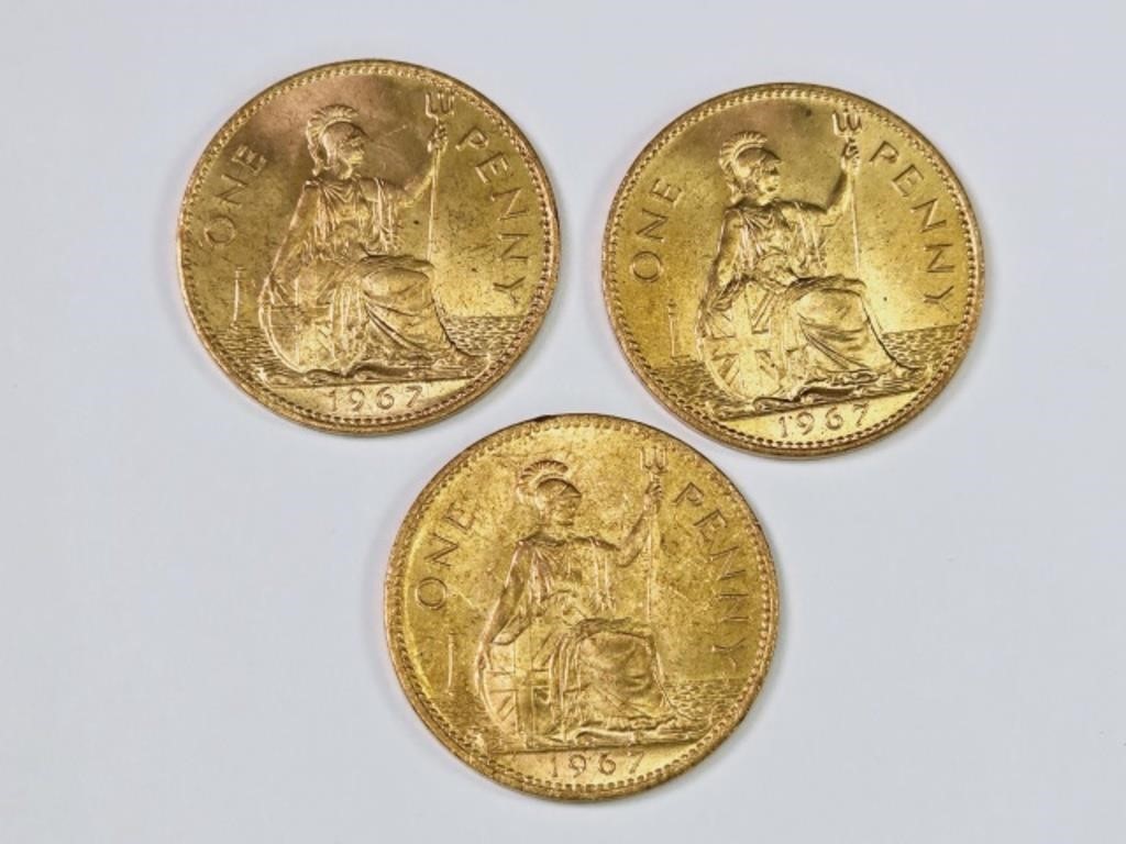 3 Large 1967 British Uncirculated Pennies