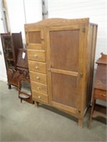 Vintage Wooden Wardrobe w/ Shelves & (5) Drawers-