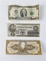 Bills: 1976 $2, 1862 $1 (replica?) & Brazil $5