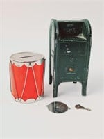 Vintage / Antique Coin Banks: Metal Post Box, Drum