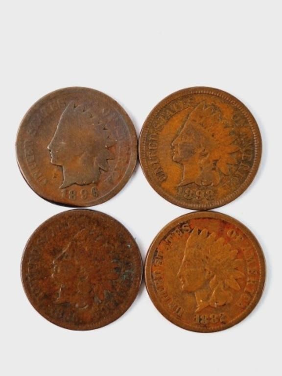 4 Indian Head Pennies: 1865, 1882, 1898, 1896