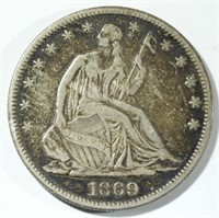 1869 SEATED LIBERTY HALF DOLLAR  VF+