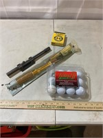 Collapsible fishing pole, scope, BBs, golf balls