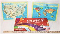 LOT - SCRABBLE GAME, WORLD & USA PUZZLES
