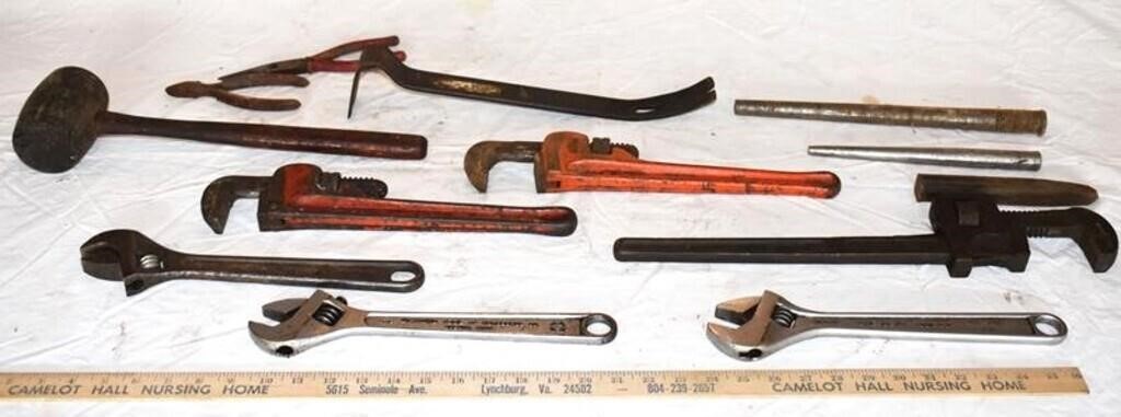 LOT - TOOLS - PIPE & ADJUSTABLE WRENCHES, ETC.