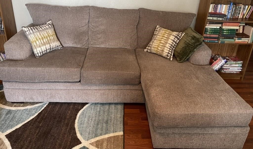 Gray Upholstered L Shaped Couch w/ 3 Throw Pillows