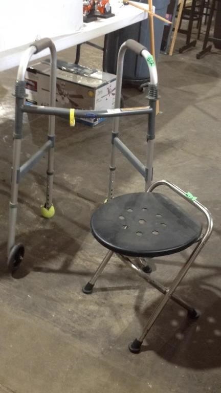Wheeled walker and folding stool