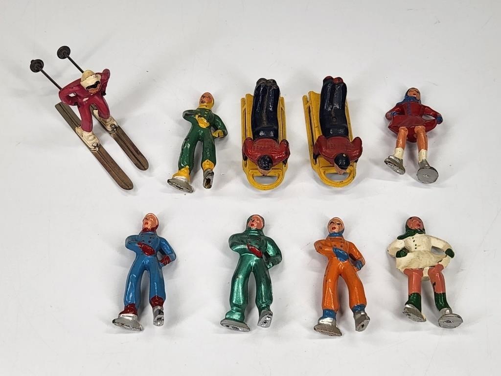 ASSORTED LOT OF BARCLAY SKIERS SLED, ICE SKATERS