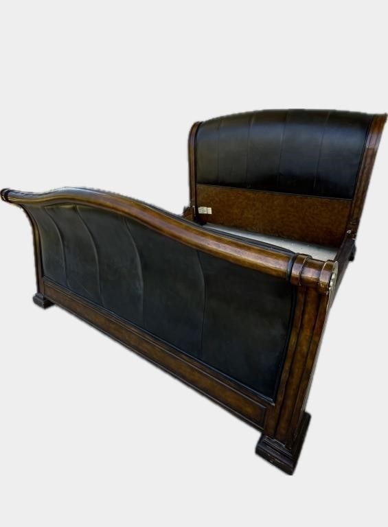 King Wood and Leather Sleigh Bed
