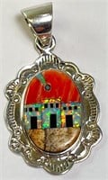 Solid Sterling Coral/Jasper/Opal Inlaid Pendant 4G