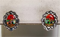 Solid Sterling Coral/Jasper/Opal Inlaid Earrings