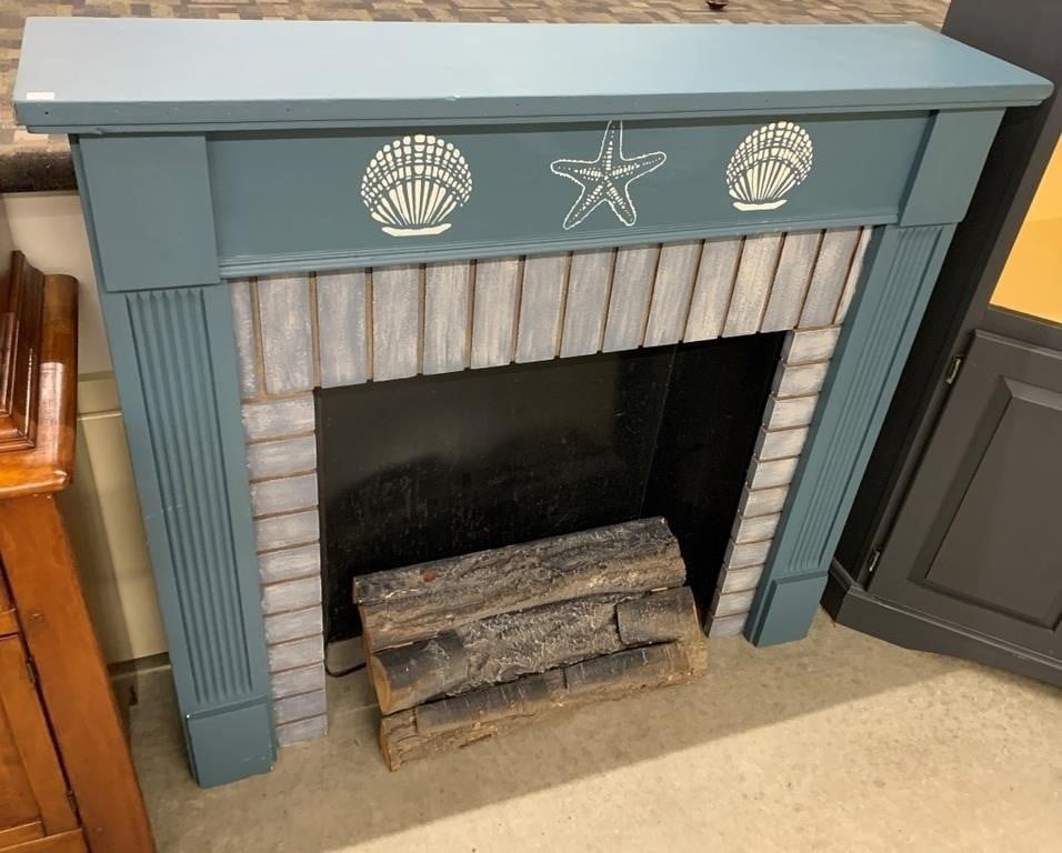 Blue Painted Fireplace Mantle W/ Electric Logs