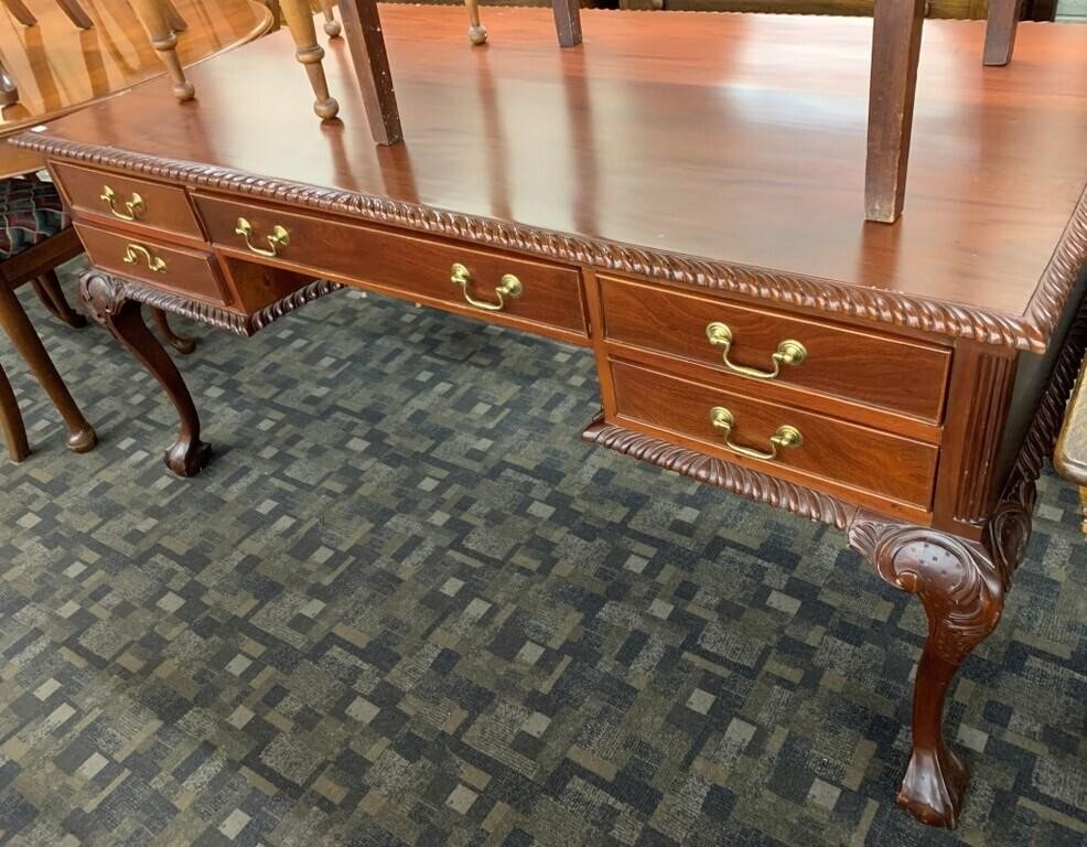 Large Carved Mahogany Flat Top Desk