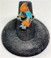 Sterling TUrquoise/Coral/Opal Kokopelli Ring 4 Gr