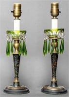 English Painted Green Glass Luster Lamps, Pair