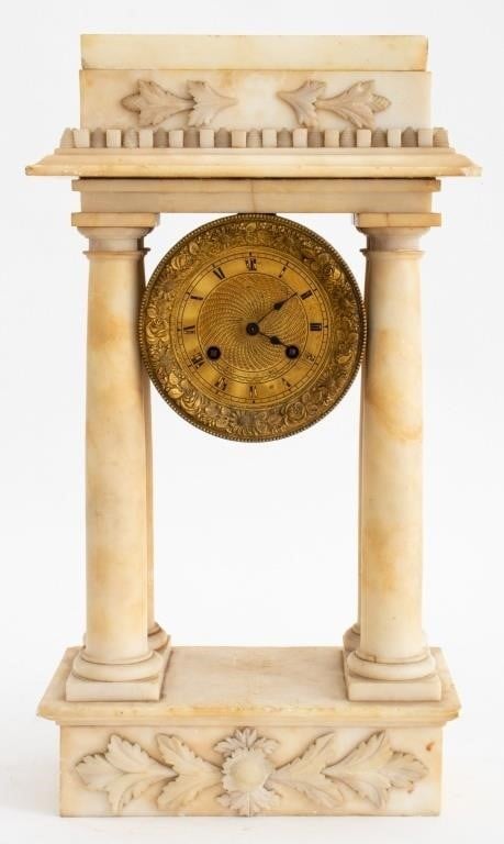 French Alabaster Portico Mantel Clock, 19th C.