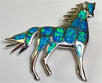 Large Sterling Gorgeous Opal Inlaid Horse Pin 9 Gr