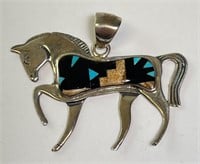 Large Sterling Turquoise/Onyx/Jasper Horse Pendant