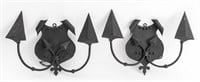 Wrought Iron Shield Form Two Light Sconces, Pair