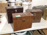 3 brown metal file boxes