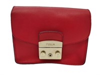 Red Flat Grain Leather Half-Flap Gold Chain Clutch