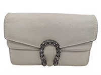 GG White Flat Grain Leather Half-Flap Clutch Bag