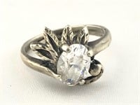 Vintage Sterling Silver Flower Solitaire Glass CZ