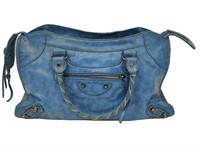 Blue Smooth Leather Satchel Tote Bag