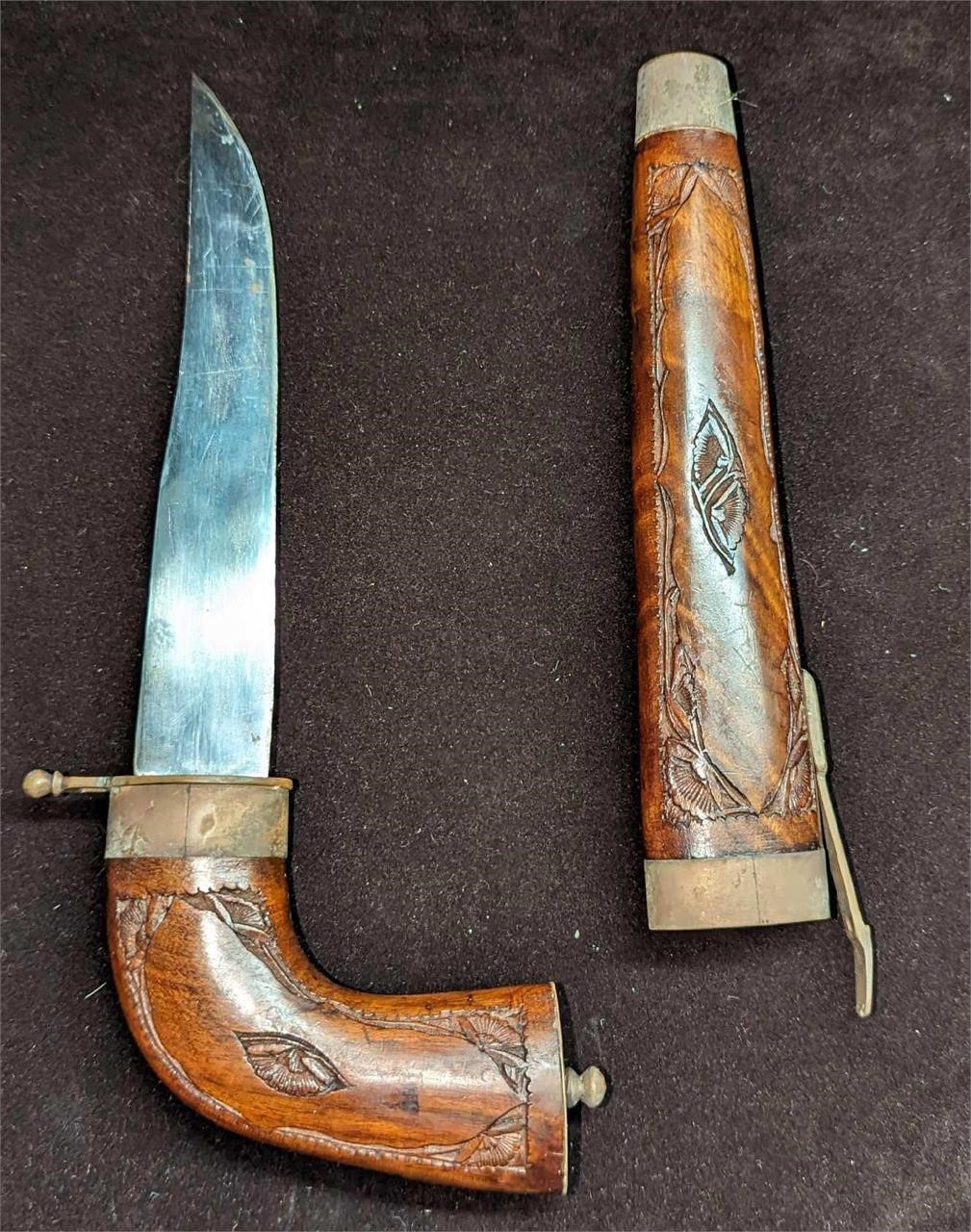 Vintage Wood Sheath Carved Pistol Shaped Knife