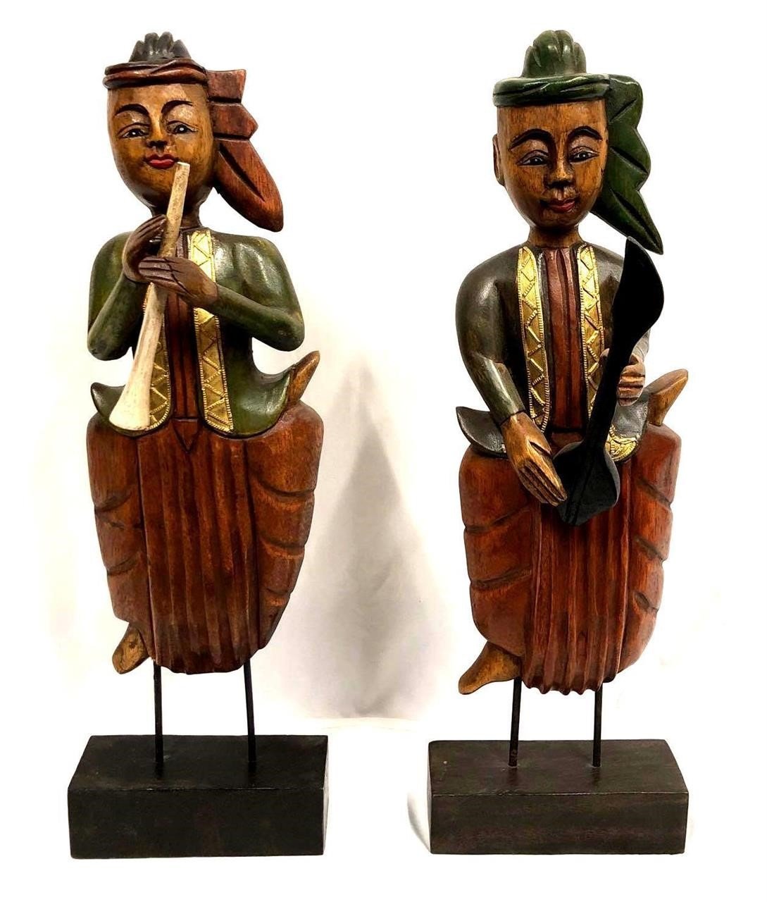 Pair of Vintage Carved Wood Thai Painted Musicians
