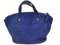 Blue Flat Grain Leather Top Handle Tote Bag