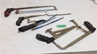 Assorted saw handles, hack saw