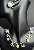 14K Gold, Diamond, Pearl Necklace & Earrings
