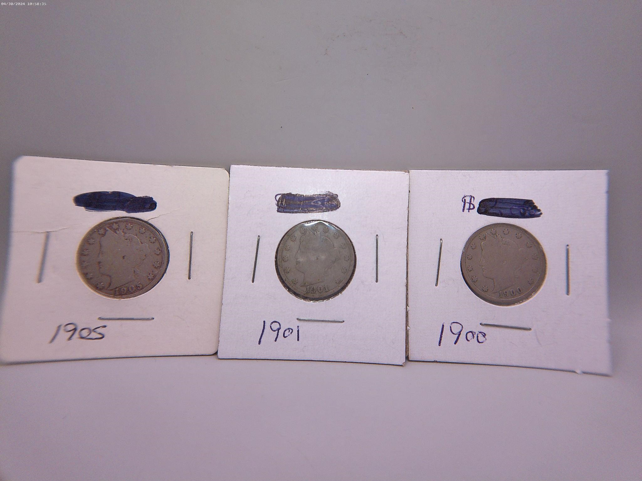 Lot of 3 V Nickels - 1900,1901,1905