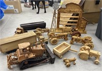 Wooden tractors, barn shelf, tractor trailers and