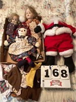 Dolls, stuffed Santa, doll clothes