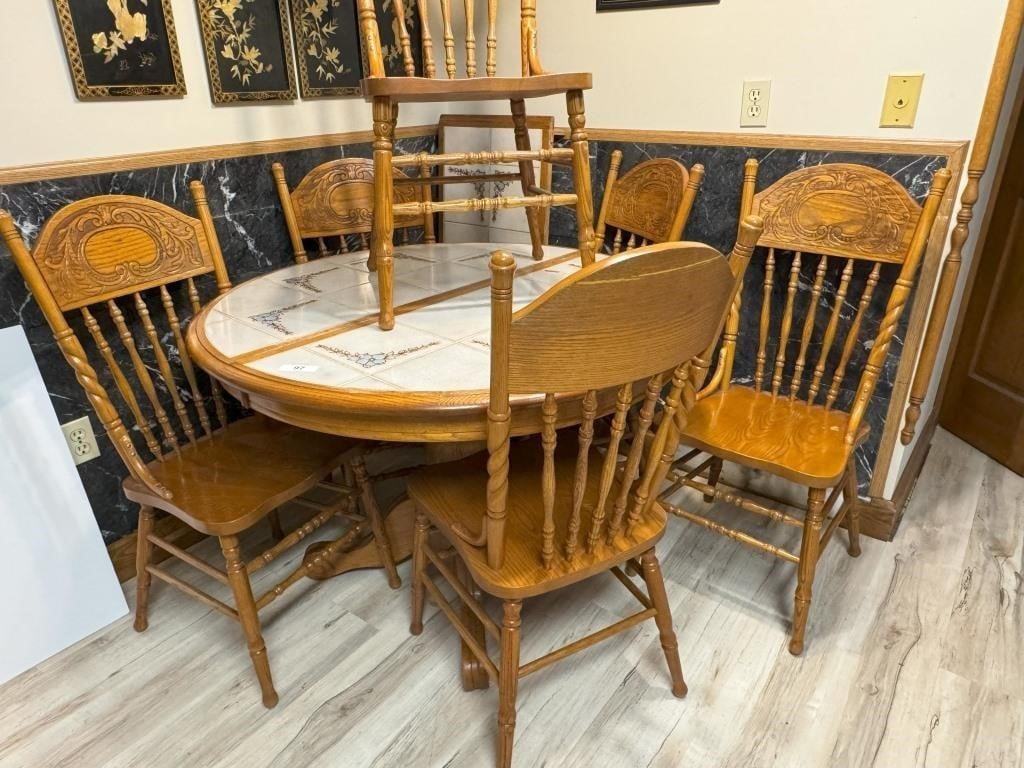 Pedestal Dining Room Table with Tile Top and 6