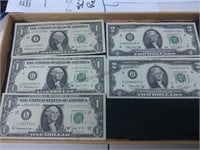 Old Paper Money three 1 bills from 1963 and two
