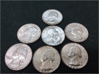 7 silver Washington quarters nearly uncirculated