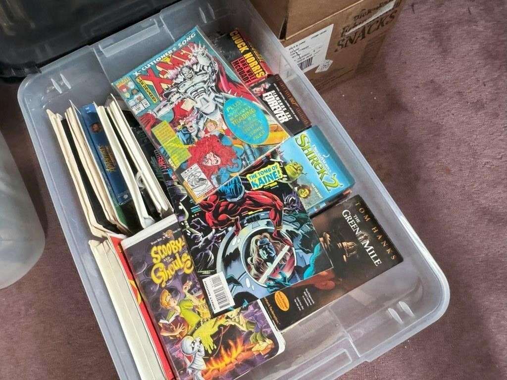 2 Totes of VHS tapes, Box of DVDs
