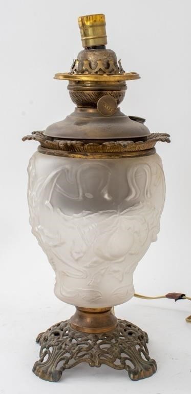 American Gilt Brass Mounted Pressed Glass Oil Lamp