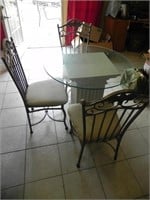 Small Glass Pedestal Table with 3 Metal Chairs