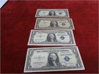 (4)$1 Silver certificate US banknotes.
