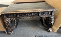 Antique Desk Library Table, Well Carved 33x55x31in