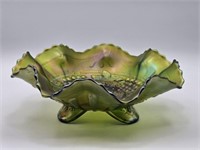 GREEN CARNIVAL FOOTED BOWL WITH RUFFLED EDGE