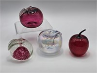 4 ART GLASS APPLE PAPERWEIGHTS - LARGEST 3" DIA