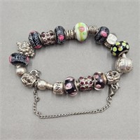 Pandora Bracelet / Art Glass Rose & 925 Beads